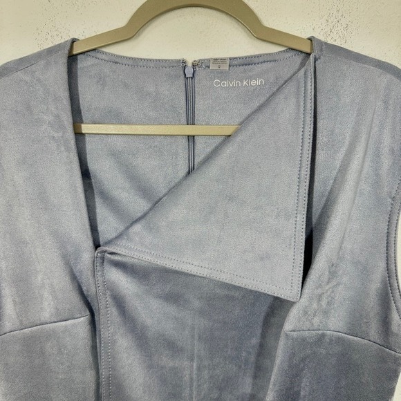 Calvin Klein Sleeveless Sheath Dress Blue Faux Suede Draped Front Size 12 Career - Picture 5 of 8